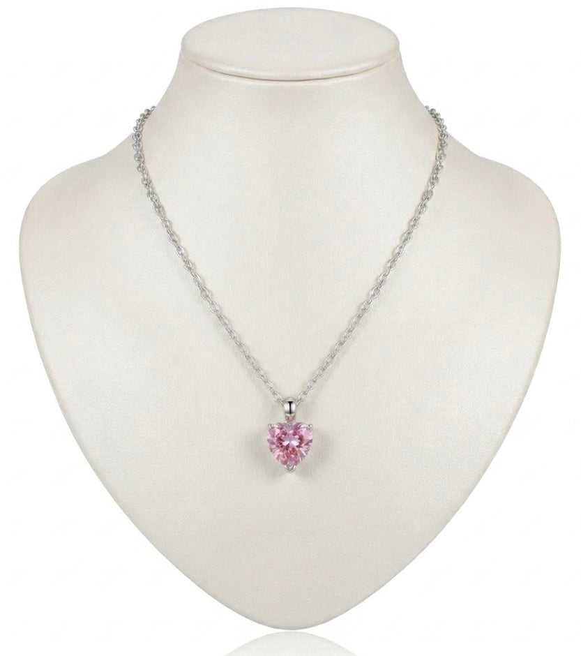 925 Sterling Silver Pink Heart Cubic Zirconia Pendant Necklace