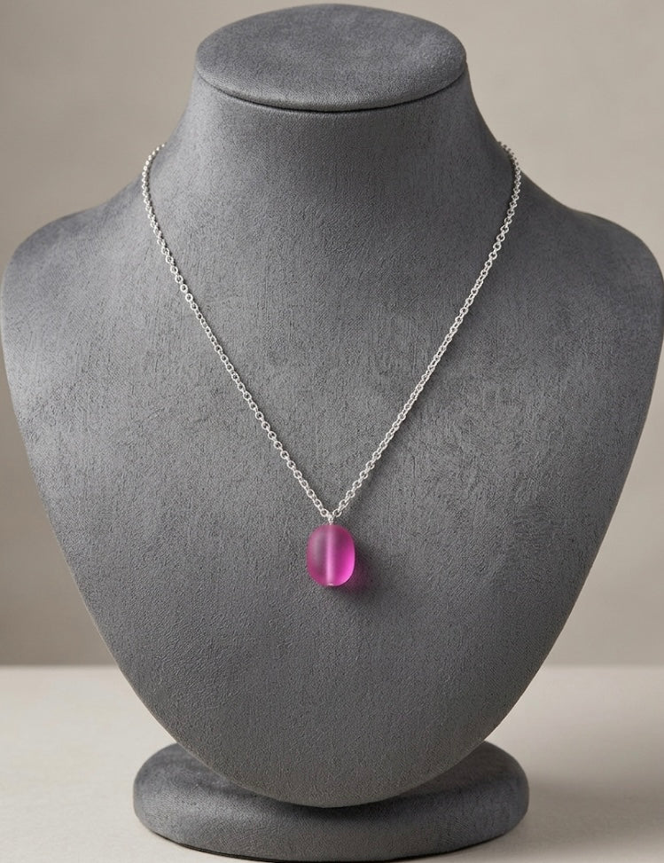Arts on Way 925 Sterling Silver Pink Frosted Glass Oval Pendant Necklace
