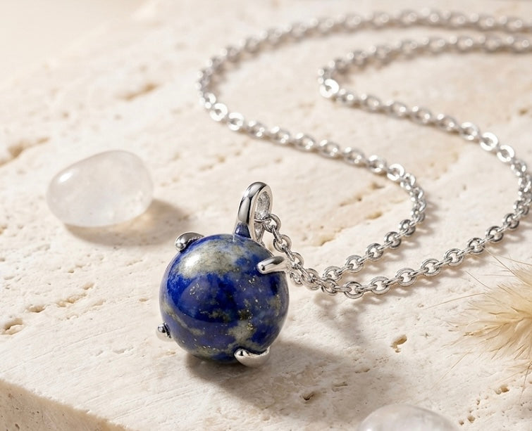 Natural Round Lapis Lazuli Pendant Necklace | 925 Sterling Silver