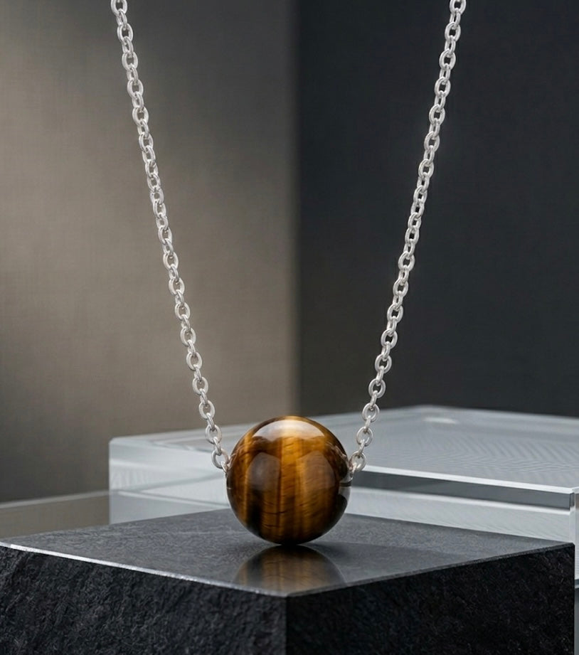 Genuine Tiger Eye Round Bead Necklace with 925 Sterling Silver Chain