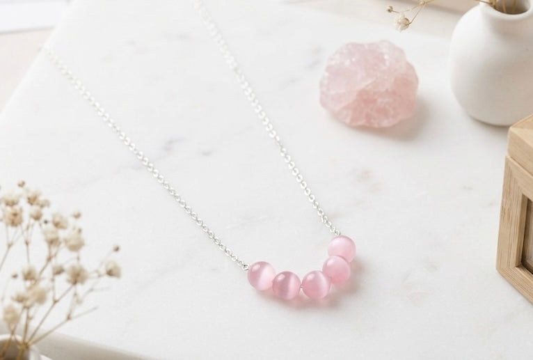 Pink Monalisa Stone Beaded Necklace in 925 Sterling Silver