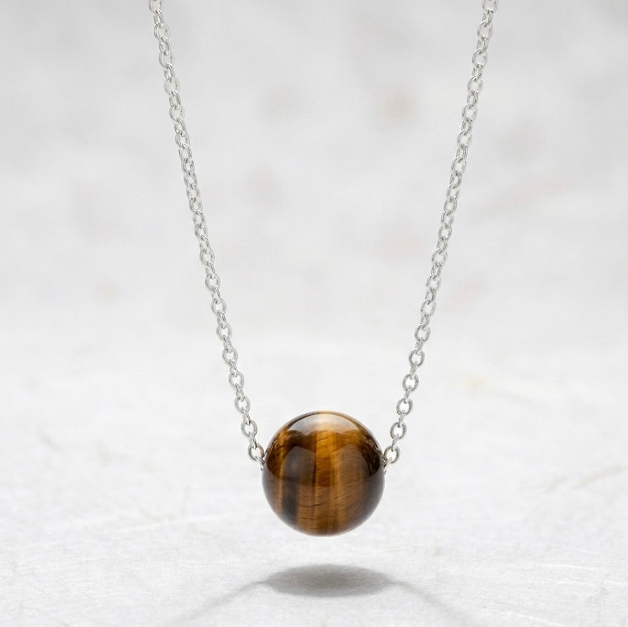 Genuine Tiger Eye Round Bead Necklace with 925 Sterling Silver Chain