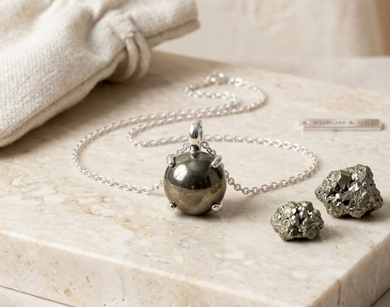 Genuine Pyrite Sphere Pendant Necklace with 925 Sterling Silver Chain