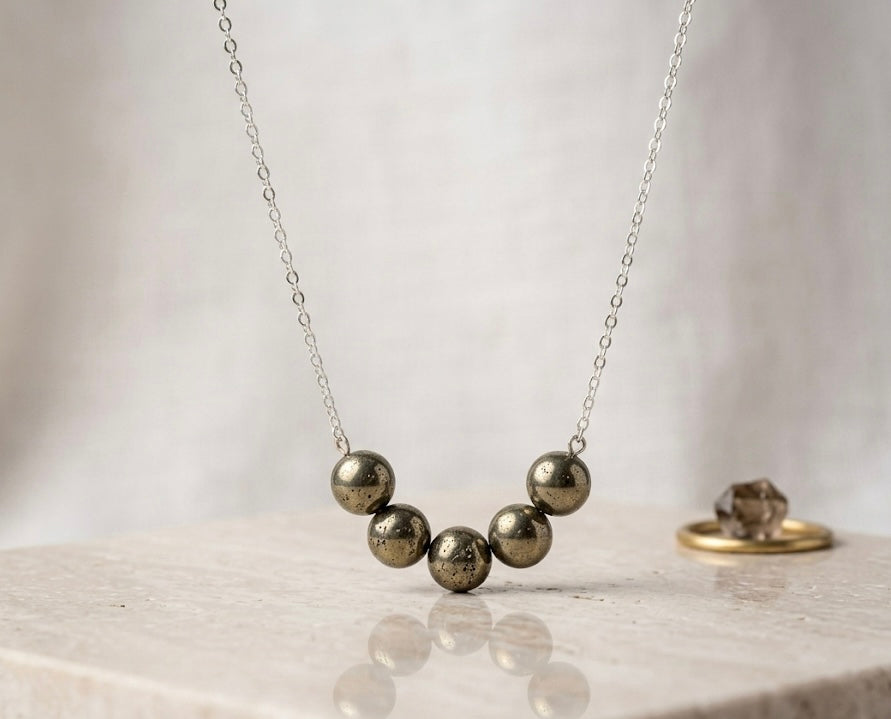 925 Sterling Silver Pyrite Bead Curved Bar Necklace