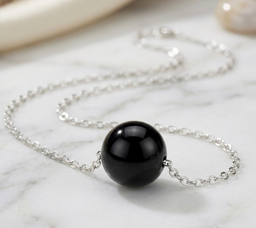 Genuine Black Onyx Round Stone Necklace - 925 Sterling Silver