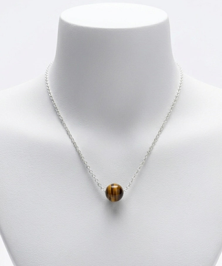 Genuine Tiger Eye Round Bead Necklace with 925 Sterling Silver Chain