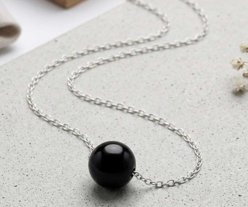 Genuine Black Onyx Round Stone Necklace - 925 Sterling Silver