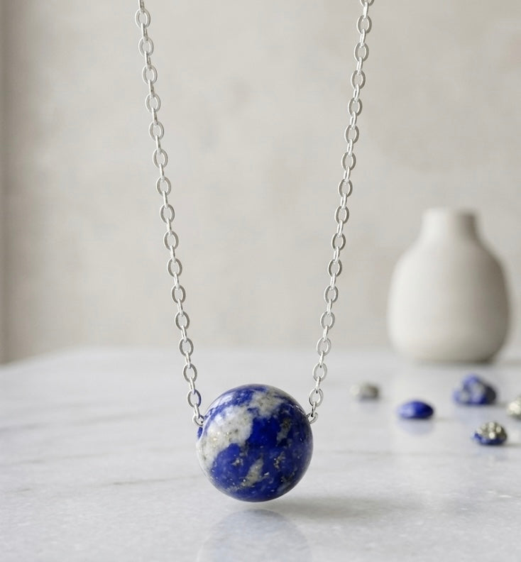 Natural Lapis Lazuli Sphere Necklace - 925 Sterling Silver Chain