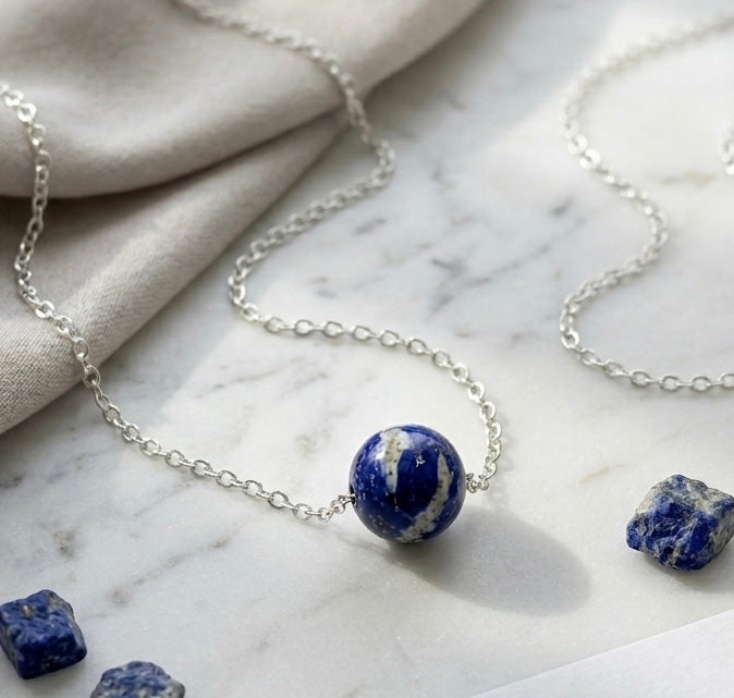 Natural Lapis Lazuli Sphere Necklace - 925 Sterling Silver Chain