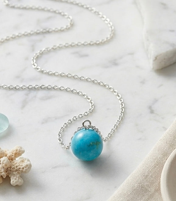 Natural Turquoise Sphere Pendant Necklace in 925 Sterling Silver