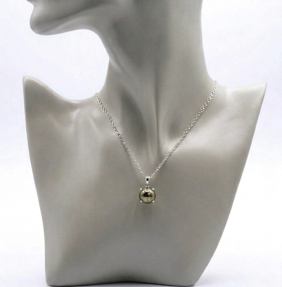 Genuine Pyrite Sphere Pendant Necklace with 925 Sterling Silver Chain