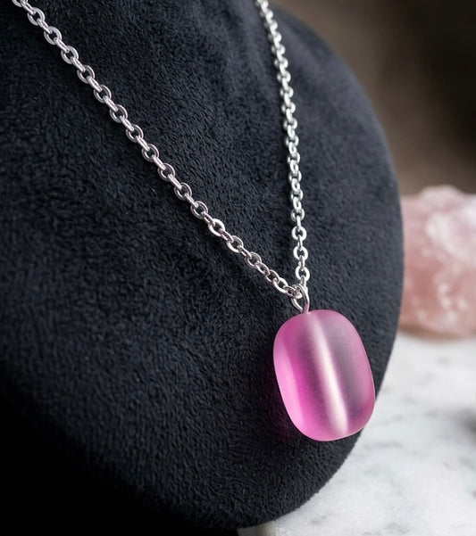 Arts on Way 925 Sterling Silver Pink Frosted Glass Oval Pendant Necklace