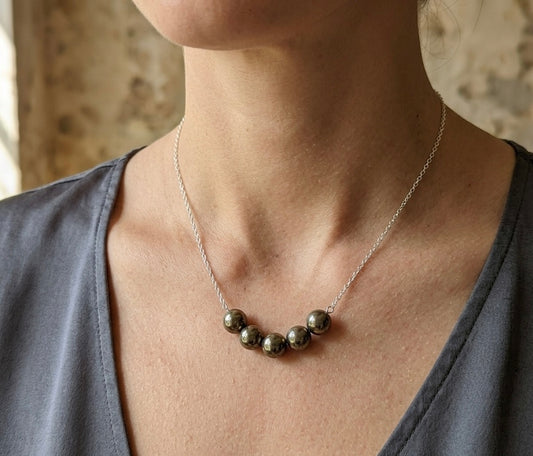 925 Sterling Silver Pyrite Bead Curved Bar Necklace