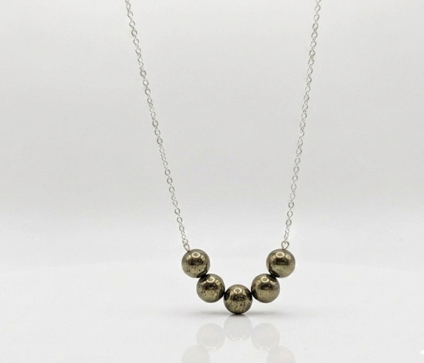 925 Sterling Silver Pyrite Bead Curved Bar Necklace