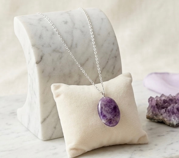 925 Sterling Silver Chain with Authentic Amethyst Stone Pendant – Oval Purple Crystal Necklace