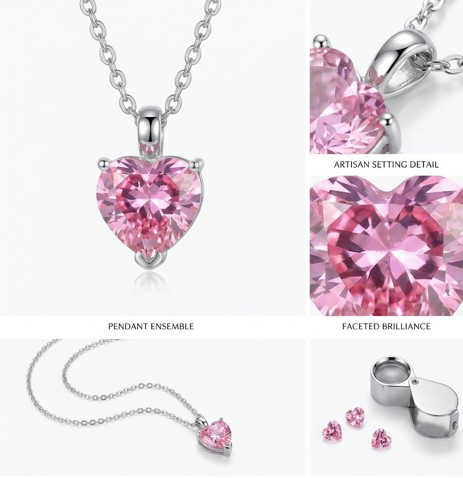 925 Sterling Silver Pink Heart Cubic Zirconia Pendant Necklace