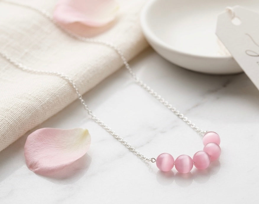 Pink Monalisa Stone Beaded Necklace in 925 Sterling Silver