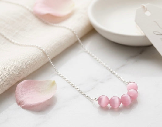 Pink Monalisa Stone Beaded Necklace in 925 Sterling Silver