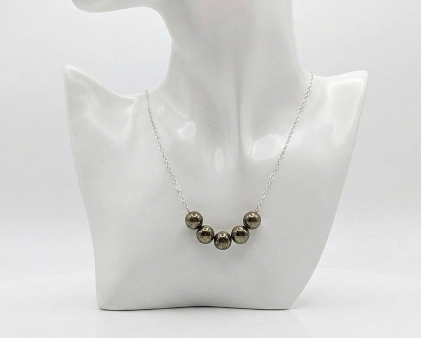 925 Sterling Silver Pyrite Bead Curved Bar Necklace