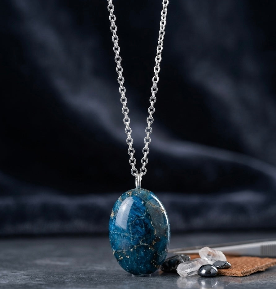 Natural Blue Apatite Oval Pendant Necklace with 925 Sterling Silver Chain