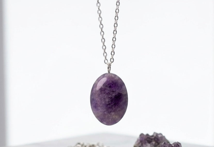 925 Sterling Silver Chain with Authentic Amethyst Stone Pendant – Oval Purple Crystal Necklace