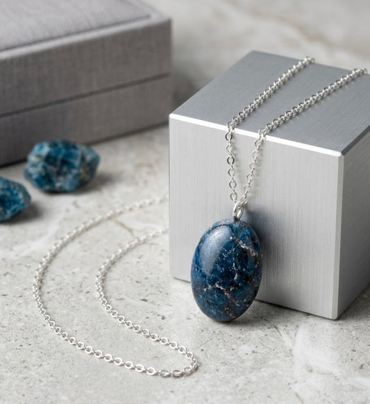 Natural Blue Apatite Oval Pendant Necklace with 925 Sterling Silver Chain