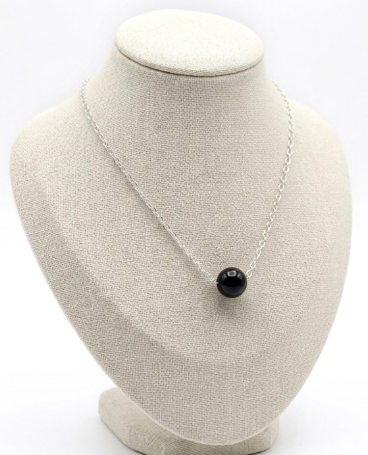 Genuine Black Onyx Round Stone Necklace - 925 Sterling Silver