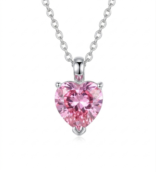 925 Sterling Silver Pink Heart Cubic Zirconia Pendant Necklace
