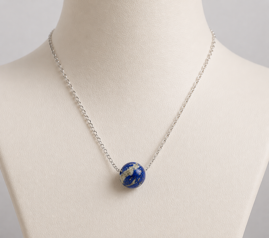 Natural Lapis Lazuli Sphere Necklace - 925 Sterling Silver Chain