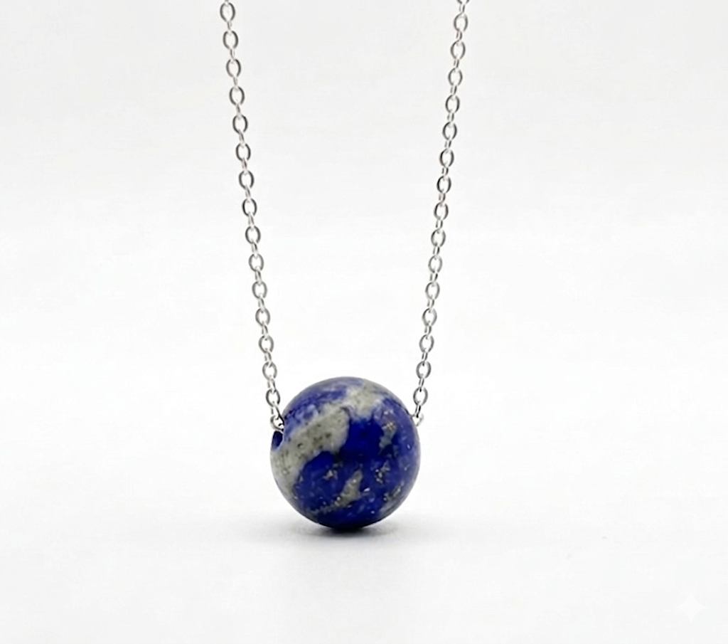 Natural Lapis Lazuli Sphere Necklace - 925 Sterling Silver Chain