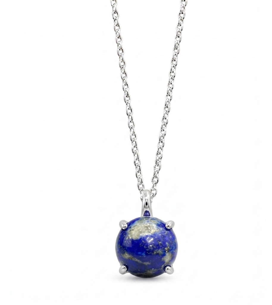 Natural Round Lapis Lazuli Pendant Necklace | 925 Sterling Silver