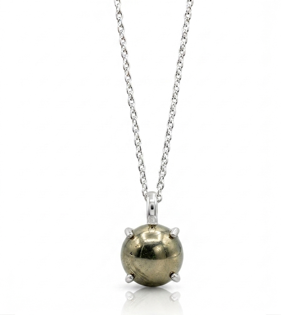 Genuine Pyrite Sphere Pendant Necklace with 925 Sterling Silver Chain