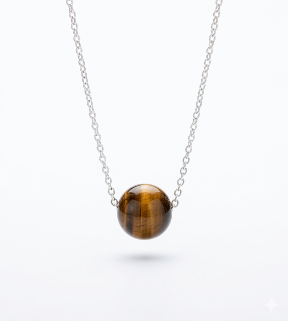 Genuine Tiger Eye Round Bead Necklace with 925 Sterling Silver Chain