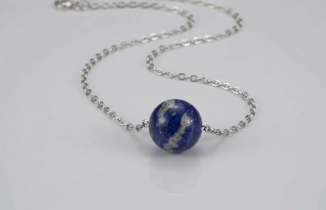 Natural Lapis Lazuli Sphere Necklace - 925 Sterling Silver Chain